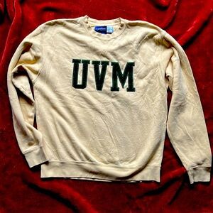 Yellow college Sweatshirt with green letters.  University of Vermont. UVM.